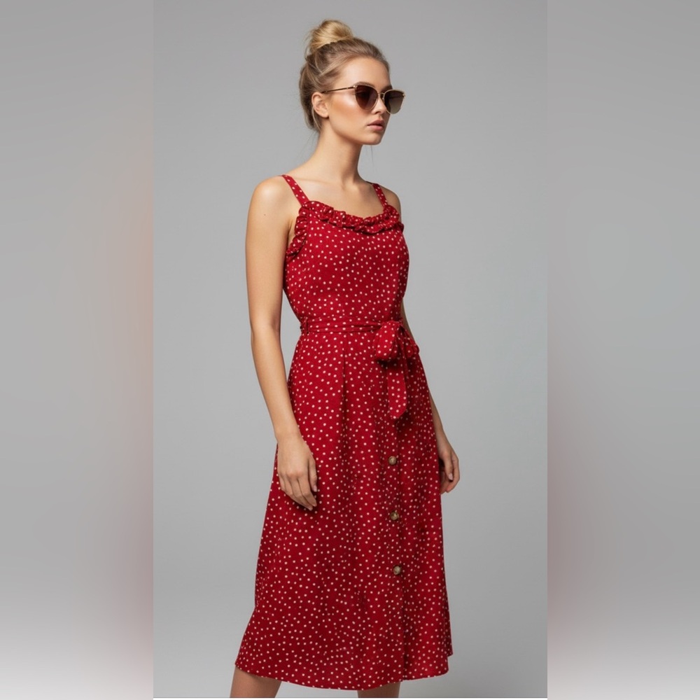 Shein Polka Dot Midi Dress Ruffle Trim Button Front Tie Waist‎ Red L